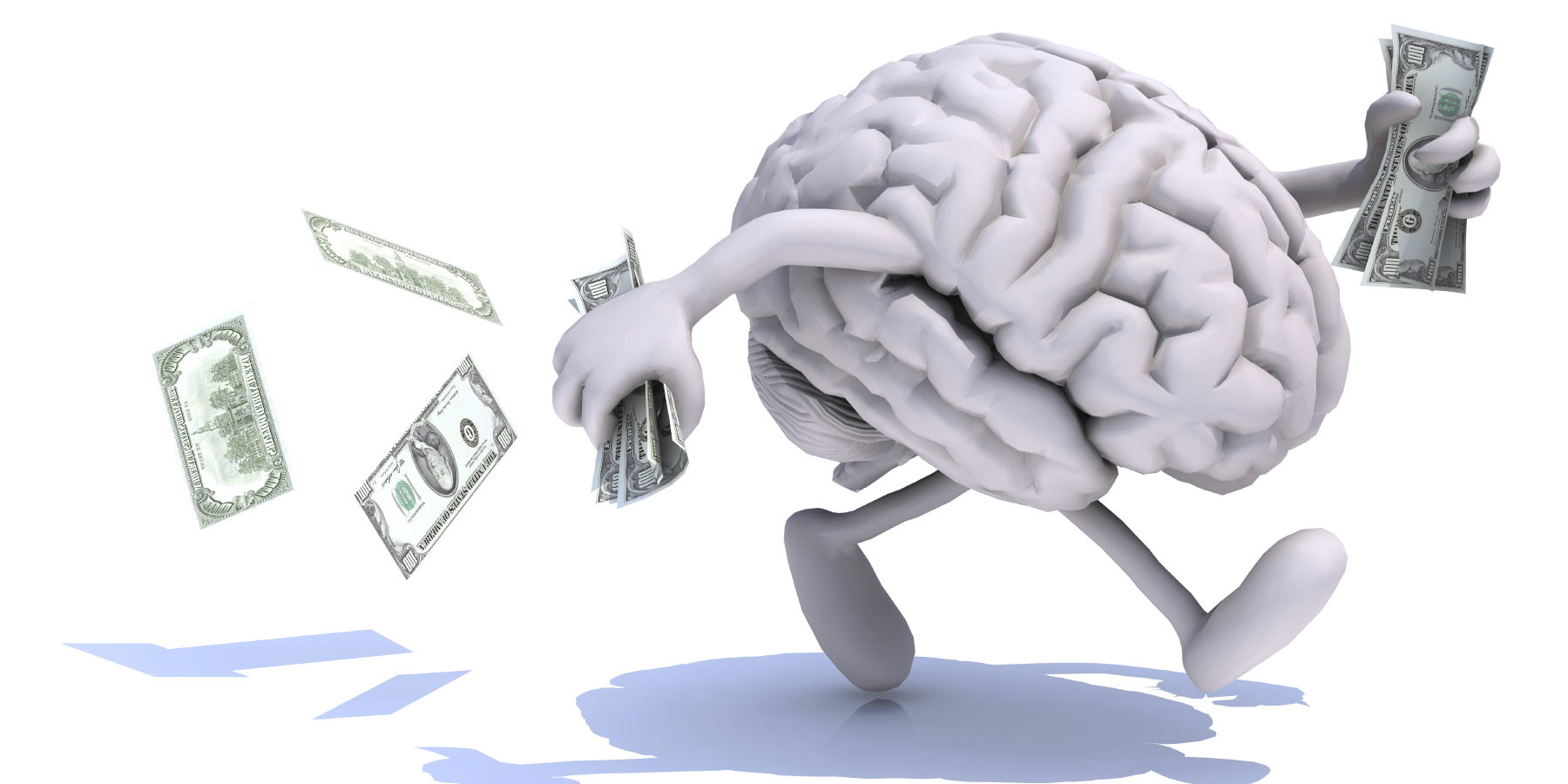 brain with arms and legs run away with money