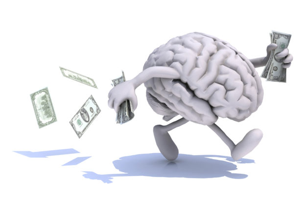 brain with arms and legs run away with money
